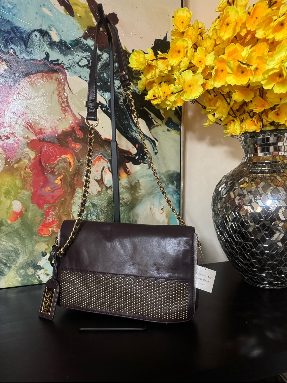 Badgley Mischka Dark Brown Leather Shoulder Bag with Gold Studs - Picture 9 of 10